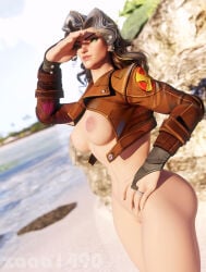 1girls 3d 3d_(artwork) ass beach big_breasts blender blender_(software) bottomless breasts breasts_out female female_focus female_only fit fit_female green_eyes jacket jacket_only jacket_open marvel marvel_comics marvel_rivals naked naked_female nipples no_panties nude nude_female outdoors outside pose rogue_(marvel_rivals) rogue_(x-men) superheroine undressed x-men zaaa1490