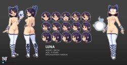 ahe_gao ass black_hair bow_ribbon brown_eyes choker expressions fire_magic gauntlets kneehighs luna_(naytlayt) naytlayt original original_character purple_hair thighhighs thighs