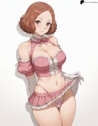 1girl 1girls ai_generated arm_behind_back armpit_crease bare_shoulders breasts brown_eyes brown_hair cleavage closed_mouth collar detached_sleeves elbow_gloves gem haru_okumura hi_res high_quality high_resolution highres legs_together light light_blush light_smile lips looking_at_viewer medium_breasts midriff miniskirt navel neck_ribbon nose opal_nemy panties patreon_logo patreon_url patreon_username persona persona_5 persona_5_royal pink_panties pink_ribbon pink_skirt plain_background pleated_skirt ribbon self_upload shadow shiny shiny_clothes shiny_hair shiny_skin short_hair simple_background skirt skirt_lift solo standing thighs watermark white_background