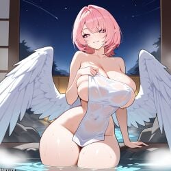 (titancore) ai_generated angel angel_wings breasts_bigger_then_head curvy_figure elf_ears female girl harpy_humanoid hot_spring huge_breasts monster_girl pink_eyes pink_hair relaxing remielle_dan revealing_body revealing_clothes short_hair sweatdrop teasing_viewer thiren towel towel_only video_game_character water wings zenless_zone_zero