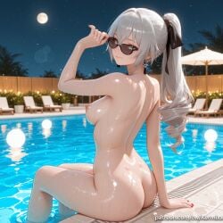 1girl adjusting_eyewear ai_generated ass bangs breasts bronya_rand closed_mouth completely_nude earrings full_moon grey_eyes grey_hair hair_between_eyes hair_ribbon honkai:_star_rail jewelry kermixx long_hair looking_at_viewer looking_over_eyewear medium_breasts moon nail_polish night night_sky nipples nude outdoors ponytail pool poolside red_nails ribbon shiny shiny_skin sitting sky smile solo sunglasses water wet
