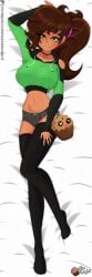 1girls booty_shorts brown_hair choker crop_top cropped_hoodie dakimakura dakimakura_design green_eyes hand_on_thigh hoodie large_breasts looking_at_viewer lying_down lying_on_back muffin_(muffinknight) muffinknight plushie ponytail seductive shorts smiling smiling_at_viewer tank_top thick_thighs thighhighs white_background white_blanket