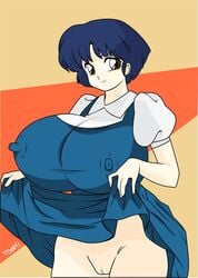 akane_tendo blue_hair bottomless breasts brown_eyes clothing dress dress_lift erect_nipples erect_nipples_under_clothes female gigantic_breasts huge_breasts large_breasts looking_at_viewer no_panties pussy ranma_1/2 short_hair smile solo standing toshiso