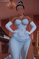 1girl ai_generated bare_shoulders black_hair breasts choker contrapposto dark_skin disney_princess dress earrings hand_on_hip hands_on_hips hi_res high_quality high_resolution indoors jewelry lips looking_at_viewer navel necklace patreon seductive see-through sexy solo spicytoonai strapless tiana tiara uncensored watermark