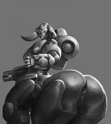 2d anus ass big_butt blizzard_entertainment da_polar_inc dat_ass female gaping gaping_anus horn hyper_bimbo living_machine looking_back machine monochrome nude omnic orisa overwatch pussy ranged_weapon robot simple_background solo ssocrates standing taur video_games weapon