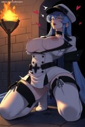 1girl ai_generated blue_eyes blue_hair blush boots breasts esdeath_(akame_ga_kill) eyebrows_visible_through_hair hat heart hi_res high_quality high_resolution large_breasts long_hair nipples open_mouth patreon peaked_cap seductive sexy solo sweat thigh_boots thighhighs uncensored uniform very_long_hair watermark