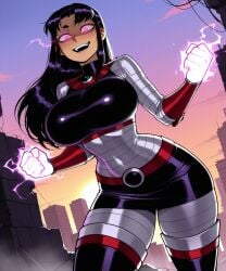 11_22 ai_generated big_breasts black_hair blackfire blush city corruption crop_top dc dc_comics destruction evil_smile female from_below glowing_eyes glowing_hands heavy_breathing huge_breasts hypnosis large_breasts looking_at_viewer mind_control miniskirt motion_lines open_mouth pink_eyes purple_hair ruins shaded_face smile smirk standing sunset sweat tan_body teen_titans thick_thighs thigh_boots thighhighs wide_eyed wide_hips