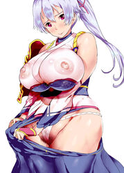 1girls bare_shoulders blue_skirt blush cleavage curvy detached_sleeves dress erect_nipple erect_nipples eyelashes fate/grand_order fate_(series) female female_only front_view fundoshi hairy_pussy human large_breasts long_hair looking_at_viewer mozu-k nipple_bulge panties ponytail pose posing pubic_hair purple_eyes shiny shiny_skin shoulder_pads simple_background skirt solo standing thong tied_hair tomoe_gozen_(fate) venus_body voluptuous white_background white_hair white_panties wide_hips