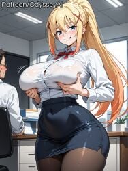 1boy 1girl 1girls ai_generated alternate_costume arms_up big_breasts black_pantyhose black_skirt blonde_hair blue_eyes blue_skirt blush blushing blushing_female bow bowtie bra_visible_through_clothes braid breast_focus breast_grab breast_lift breasts breasts_bigger_than_head brown_pantyhose button_gap ceiling chair close-up clothed_female collarbone collared_shirt covered_navel cowboy_shot darkness_(konosuba) desk dress_shirt female female_focus from_below glasses grabbing grabbing_another's_breast grabbing_own_breast grin groping hair_between_eyes hair_ornament hands_on_breasts high-waist_skirt high_ponytail huge_breasts indoors kono_subarashii_sekai_ni_shukufuku_wo! konosuba konosuba:_god's_blessing_on_this_wonderful_world! large_breasts long_hair long_sleeves looking_at_viewer male male/female male_pov miniskirt neck_ribbon odysseyai office office_chair office_lady open_clothes open_shirt pantyhose parted_lips partially_clothed patreon_username pencil_skirt ponytail pov pov_hands pov_male red_bow red_bowtie red_ribbon ribbon shiny shiny_skin shirt shirt_tucked_in sidelocks skirt smile solo_focus standing swivel_chair taut_clothes thick_thighs thighs very_long_hair web_address white_shirt x_hair_ornament