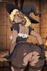 1girl ai_generated animal_ears anus ass black_choker black_dress black_gloves black_headwear black_pantyhose blonde_hair blush breasts choker dark-skinned_female dark_skin digitalwaifugallery dress epithet_erased freckles from_behind gloves green_eyes halloween halloween_costume hat hi_res high_quality high_resolution large_breasts looking_at_viewer looking_back lorelai_blyndeff medium_breasts medium_hair mole nipples pantyhose patreon presenting pussy rabbit_ears seductive sexy smile solo spread_ass torn_clothes torn_dress torn_pantyhose uncensored watermark witch_hat