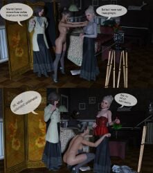 2koma 3d 3girls breasts clothed_female_nude_female comic daz_studio dialogue embarrassed english_dialogue female female_only hairy_pussy nipples nude_model only_one_naked original original_characters pubic_hair puredigital101 reluctant undressing undressing_another