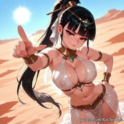 1girl 2026 ai_generated anime armlet bangs bare_shoulders black_hair blue_sky blunt_bangs boobs bracelet bracer breasts brown_eyes cleavage closed_mouth covered_nipples crossover day desert eve_(stellar_blade) exposed_nipples eye_contact female female_focus hair_accessory hair_ornament halterneck hand_on_hip highres huge_breasts jewelry large_breasts lips long_hair looking_at_viewer midriff navel neutral_expression nipples nsfw outdoors patreon patreon_username pelvic_curtain pointing pointing_at_viewer ponytail revealing_clothes rognezart sand see-through shift_up sky smile smiling smug solo stellar_blade stomach sun very_long_hair watermark wet