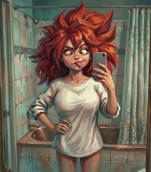 1girl 1girls ai_generated bathroom bathtub bottomless cellphone clothed clothed_female crossed_eyes curtain eyes_crossed female female_focus female_only holding holding_phone indoors large_shirt no_pants nomad_of_nowhere oversized_clothes oversized_clothing oversized_shirt oversized_topwear phone red_hair rooster_teeth selfie selfie_pose shirt shower shower_curtain silly silly_face skout smartphone solo solo_female solo_focus tongue tongue_out white_shirt zupern0va_(manipper)