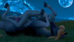 16:9 3d_(artwork) 4k absurd_res bestiality blender_(artwork) blonde_hair crotch_breasts digital_media_(artwork) duo equid equine eyes_closed faceless_character faceless_male female feral fur grey_body grey_fur hair hi_res horse human imminent_sex intimate kiss_on_lips kissing lying male male/female mammal on_back on_top outside penis_touching spots teats whorse_3d widescreen