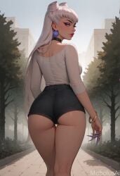 ai_generated ass child_bearing_hips choker curvaceous curvaceous_body curvaceous_female curvaceous_figure curvaceous_hips curvaceous_thighs earrings evelynn from_behind hotpants jeans_shorts k/da_all_out_evelynn k/da_all_out_series league_of_legends looking_at_viewer mobolusai park seductive standing thick_thighs thigh_gap thighs waifu white_hair white_topwear yellow_eyes