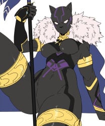 2026 african_female anklet arm_support avengers big_breasts black_bodysuit black_panther_(shuri) black_panther_girl bodysuit breasts cape cat_mask clothed covered_navel feet_out_of_frame full_body_suit fur-trimmed_cape fur_trim gauntlets holding holding_object holding_polearm holding_weapon jewelry leg_up looking_at_viewer marvel marvel_comics marvel_tokon:_fighting_souls mask masked masked_female polearm simple_background single_gauntlet sitting solo spear superhero_costume superheroine tight_clothing wanderjegson weapon white_background