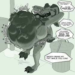 1boy anthro belly_focus big_belly dialogue english_dialogue english_text furry horns jackalope long_tongue male male_focus male_only male_pred post-vore solo_focus strawbat swallowed_whole talking_to_prey tongue tongue_out trash_can vore vore_belly