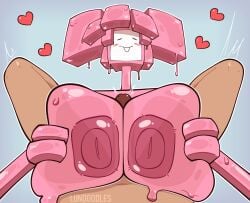 1boy 1girl 1girl1boy 2_fingers cube_head heart huge_breasts human_on_humanoid large_breasts lundoodles monster_girl nipples original original_character paizuri paper penis penis_between_breasts pink_body see-through slime slime_girl teratophilia titjob tits