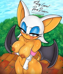 anthro areola arm_under_breasts bat bat_wings big_ears black_nose blue_eyes blue_eyeshadow blush blush_lines brown_areola brown_nipples clothing eyelashes eyeshadow female genitals glistening glistening_body glistening_skin gloves handwear hi_res kilih188 makeup mammal membrane_(anatomy) membranous_wings mostly_nude nipples pointed_tail rouge_the_bat sega signature solo sonic_the_hedgehog_(series) tan_body tan_skin thick_eyelashes thick_thighs vulva watermark white_clothing white_gloves white_handwear white_head wings