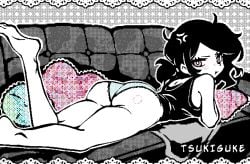 1girls 2d angry ashley_graves ass ass_focus big_ass bite_mark bite_mark_on_ass black_hair blush couch feet female female_only looking_at_viewer looking_back lying lying_on_couch lying_on_stomach panties pink_eyes ponytail solo solo_female the_coffin_of_andy_and_leyley tsukiguke