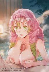 1boy 1girl 2026 ai_generated blush braid breasts breasts_squeezed_together cocomiyart collarbone completely_nude erection gradient_hair green_eyes green_hair hair_between_eyes hands_on_own_breasts hetero highres kanroji_mitsuri kimetsu_no_yaiba large_breasts long_hair mixed-sex_bathing mole mole_under_eye multicolored_hair multiple_braids night nipples nsfw nude onsen open_mouth outdoors paizuri partially_submerged penis pink_hair shared_bathing solo_focus steam tri_braids two-tone_hair uncensored water