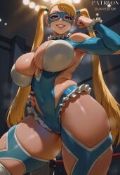 1girl ai_generated artist_name blonde_female blonde_hair blue_eyes blue_leotard breasts cleavage clothing clothing_cutout covered_navel curvy domino_mask duxvector eyeshadow female flexing frilled_leotard frills from_below grin hair_pulled_back hand_on_own_hip huge_breasts large_breasts leotard long_hair looking_at_viewer makeup mask rainbow_mika shoulder_cutout skindentation smile solo stage_lights standing street_fighter sweat thick_thighs thighs twintails very_long_hair wrestling_outfit wrestling_ring