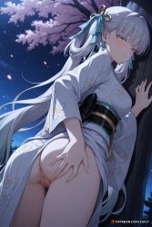 1girl ai_generated ass blush censored jinhsi_(wuthering_waves) kimono looking_at_viewer medium_breasts outdoors pussy pussy_juice solo standing twintails white_hair wuthering_waves