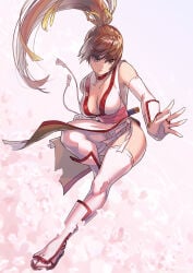 1girl bad_id bad_pixiv_id big_breasts breasts brown_eyes brown_hair cherry_blossoms cleavage closed_mouth collarbone commentary_request dead_or_alive detached_sleeves floating_hair full_body hair_ribbon highres japanese_clothes kasumi_(doa) kunoichi large_breasts long_hair panties pelvic_curtain ponytail revision ribbon solo thighhighs underwear white_background white_thighhighs yagi2013 yagi2105