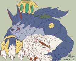 2025 anal anal_penetration anthro anthro_on_anthro anthro_penetrated anthro_penetrating anthro_penetrating_anthro blush canid canine canis duo eye_patch eyewear felid finger_in_mouth finger_suck from_behind_position league_of_legends licking licking_lips lion luo_shan786 lying lying_on_another male male/male male_penetrated male_penetrating male_penetrating_male mammal muscular muscular_anthro muscular_male nude obscured_penetration on_front pantherine penetration prone_bone_position rengar_(lol) riot_games scar sex signature sucking tencent tongue tongue_out warwick_(lol) wolf