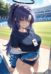 1girl ai_assisted ai_generated bangs blue_archive blue_eyes blue_jacket blue_swimsuit blush breasts collarbone competition_swimsuit cowboy_shot curvaceous curvy curvy_female curvy_figure eyebrows_visible_through_hair female fence grin highleg jacket large_breasts long_hair long_sleeves looking_at_viewer miyuai one-piece_swimsuit outdoors ponytail pool purple_hair shirt sidelocks smile solo swimsuit swimsuit_under_clothes thick thick_ass thick_butt thick_hips thick_legs thick_thighs thighs voluptuous voluptuous_female wide_hips wide_thighs yuuka_(blue_archive)