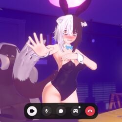 1girls accidental_exposure anri_hollow bunnysuit cat_ears cat_tail covering_breasts discord_(app) embarrassed gaming_chair hollowsouls nipple_slip oc on_call tagme video_recording