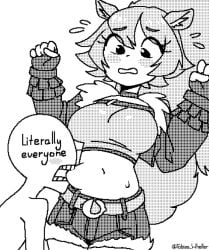 1girl 1girls 2d 2d_(artwork) 2d_artwork anime_girl belly belly_bite belly_bulge belly_button bite biting black_and_grey black_and_white blush blushing crop_top cropped_jacket female front_view nervous nervous_smile oc safe safe_for_work sfw skirt topwear