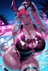 1girl ai_generated balecxi bare_shoulders black_one-piece_swimsuit blue_hair blush body_markings cleavage colored_skin curvy dark-skinned_female earrings fate/grand_order fate_(series) highleg highleg_swimsuit horns huge_breasts ibuki_douji_(fate) ibuki_douji_(swimsuit_berserker)_(fate) ibuki_douji_(swimsuit_berserker)_(first_ascension)_(fate) jewelry long_hair looking_at_viewer multicolored_hair one-piece_swimsuit oni pink_hair pink_headwear pink_one-piece_swimsuit pointy_ears ponytail red_eyes sidelocks smile solo tail thick_thighs thigh_strap two-tone_swimsuit visor_cap wet wide_hips