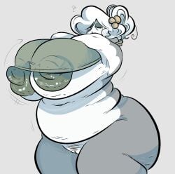 1girls big_breasts bottomless breasts breasts_bigger_than_head breasts_out bush cellulite chubby closed_eyes cookie_run cookie_run_kingdom cookie_run_oc digital_drawing_(artwork) digital_media_(artwork) eyeshadow female gardenia_cookie_(moonrainum) gilf hair hair_ornament hair_over_one_eye moonrainum older_female solo tagme taking_off_shirt undressing