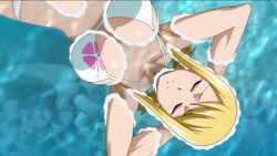 1girls anime_screencap big_breasts bikini blonde_hair breasts closed_eyes fairy_tail female female_only flower_bikini lucy_heartfilia swimsuit water