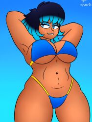 1girls bikini blue_bikini blue_eyes blue_hair breasts brown_skin dark-skinned_female digital_drawing_(artwork) digital_media_(artwork) latina oc original_character sexy_pose solo_female t-zarts voluptuous voluptuous_female