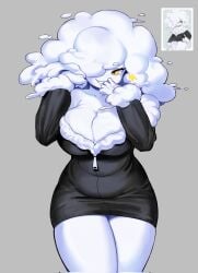 benzbt big_breasts black_shirt breasts cloud cloud_humanoid female female_only fluffy_hair grey_background original original_character reference_image simple_background smile smiling teeth teeth_showing white_hair white_skin yellow_eyes zipper