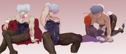 2boys ahoge all_fours alternate_costume ambush_(trap) big_pecs blush bowtie braid braided_hair bulge bunny_tail bunnysuit chinese_clothes cleavage crack_pairing crossdressing detached_collar eye_contact fishnets gintama gintoki_sakata jiajiu_9 kamui_(gintama) leotard long_hair_male looking_at_another male male_only male_playboy_bunny multiple_scenes muscular muscular_male nail_polish orange_hair paako pantyhose pecs pink_nails silver_hair single_braid sitting smile spread_legs sweatdrop toothpick torn_clothes torn_pantyhose twintails wig wrist_cuffs yaoi