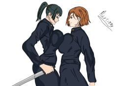 2girls breasts_pressed_together color colored fully_clothed jujutsu_kaisen kugisaki_nobara martinnn_(artist) uniform uniform_female zenin_maki