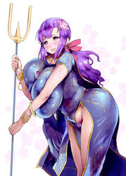 1girls blue_dress blush bow bracelet cleavage curvy dress erect_nipple erect_nipples eyelashes fate/grand_order fate_(series) female female_only front_view hair_flower hair_ornament hairbow hairy_pussy holding_object human large_breasts long_hair looking_at_viewer mozu-k necklace nipple_bulge open_mouth parvati_(fate) pose posing pubic_hair purple_eyes purple_hair shiny shiny_skin simple_background solo standing voluptuous weapon white_background wide_hips