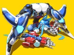 1girls all_fours ass_bigger_than_head big_ass blue_eyes breasts fat_ass female female_focus female_only huge_breasts jack-o_pose jet_(jetngs) jetngs looking_at_viewer phantasy_star phantasy_star_online_2 robot_girl robot_humanoid robotic_arm skeb_commission thick thick_ass thick_thighs thighhighs thighs yellow_background