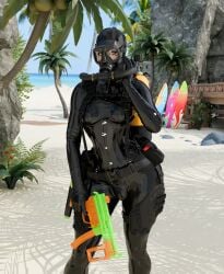 3d beach blender clothed_female corset diving_mask diving_suit eyeliner female hi_res high_resolution latex latex_clothing latex_suit light_skinned_female mask original_character oxygen_tank palm_tree rubber rubber_clothing shiny_clothes skyebunny summer tactical_gear tight_clothing trans_woman water_gun wetsuit