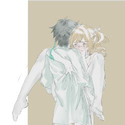 1boy 1girls against_wall barbara_(genshin_impact) blonde_hair carrying_partner covering_mouth female genshin_impact holding_partner legs_apart male male/female sex stand_and_carry_position standing_sex venti_(genshin_impact)