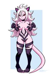 1girls 2010s android_21 animal_ears big_breasts black_sclera breasts cat_ears cosplay dark_persona darkstalkers dragon_ball dragon_ball_fighterz felicia_(cosplay) female female_majin female_only humanoid long_hair majin majin_android_21 monster_girl pink_skin pointy_ears red_eyes solo soupbag tail white_hair