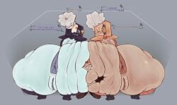 2girls 2girls1boy alternate_version_at_source ass ass_focus asshole back_view badware_(die_of_death) between_ass bigger_female blueruchka cookieware_(die_of_death) crushed_by_ass dialogue die_of_death die_of_death_(roblox) english_text fat_ass muffin pussy roblox robloxian screen_face size_difference squatting
