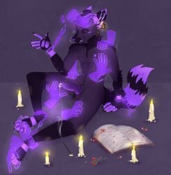 animal_genitalia anthro bodily_fluids book candle canid canine cay_(asweda) chain cum disembodied_hand genital_fluids genitals ghost_hand headpat hi_res knot leg_grab male mammal maned_wolf paktan purple_body solo
