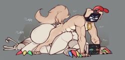1boy1girl antennae_(anatomy) balls ballsack big_breasts blueruchka collar cum cumming cumming_while_penetrated cumshot dog_ears dog_tail doggy_style excessive_cum futanari hyper hyper_balls hyper_penis muscular_male onomatopoeia original_character screen_face