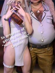 after_sex alcohol alcoholic_drink ass_grab belly blonde_hair bride bride_veil bulge bulge_through_clothing bulge_under_clothes chest_hair cloud_strife creampie crossdressing cum_down_leg don_corneo dress dripping_cum english_text fat_male femboy final_fantasy_vii final_fantasy_vii_remake gay glasses hdregrets large_penis lipstick looking_at_partner male_only malesub painted_nails peace_sign ring sissy sunglasses text v_sign wedding_ring yaoi