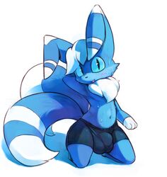 1boy 2018 2_tails 3_fingers anthro anthrofied belly big_bulge big_ears biped black_eyes black_nose blue_eyes blue_fur blue_sclera blue_tail blush boxers_(clothing) bulge cheek_tuft clothed clothing dipstick_tail feline floppy_ears front_view full-length_portrait fur furry gloves_(marking) hand_behind_head handpaw head_tuft kneeling long_tail looking_at_viewer male male_meowstic male_only mammal markings meowstic multi_tail multicolored_fur multicolored_tail navel neck_tuft nekomata nintendo no_sclera open_mouth open_smile paws penis pokémon_(species) pokémorph pokemon portrait raised_arm shadow shy simple_background slit_pupils smile solo somnamg stripes sweat tail testicles topless tuft two_tone_fur two_tone_tail underwear video_games white_background white_fur white_tail