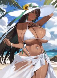1girl absurd_res arm_up bare_shoulders beach beads bikini black_hair blush bracelet breasts chest_tattoo choker cleavage cloud commission criss-cross_halter day ddog felicia_castro green_bikini green_eyes green_hair halterneck hat highleg highleg_bikini highres huge_breasts jewelry long_hair midriff mole multicolored_hair nail_polish navel navel_piercing ocean outdoors palm_tree piercing ribbon sand sarong sideboob sky solo sun_hat swimsuit tatakau_ni_atai_suru tattoo thick_thighs thighs two-tone_hair underboob water wet white_bikini wide_hips